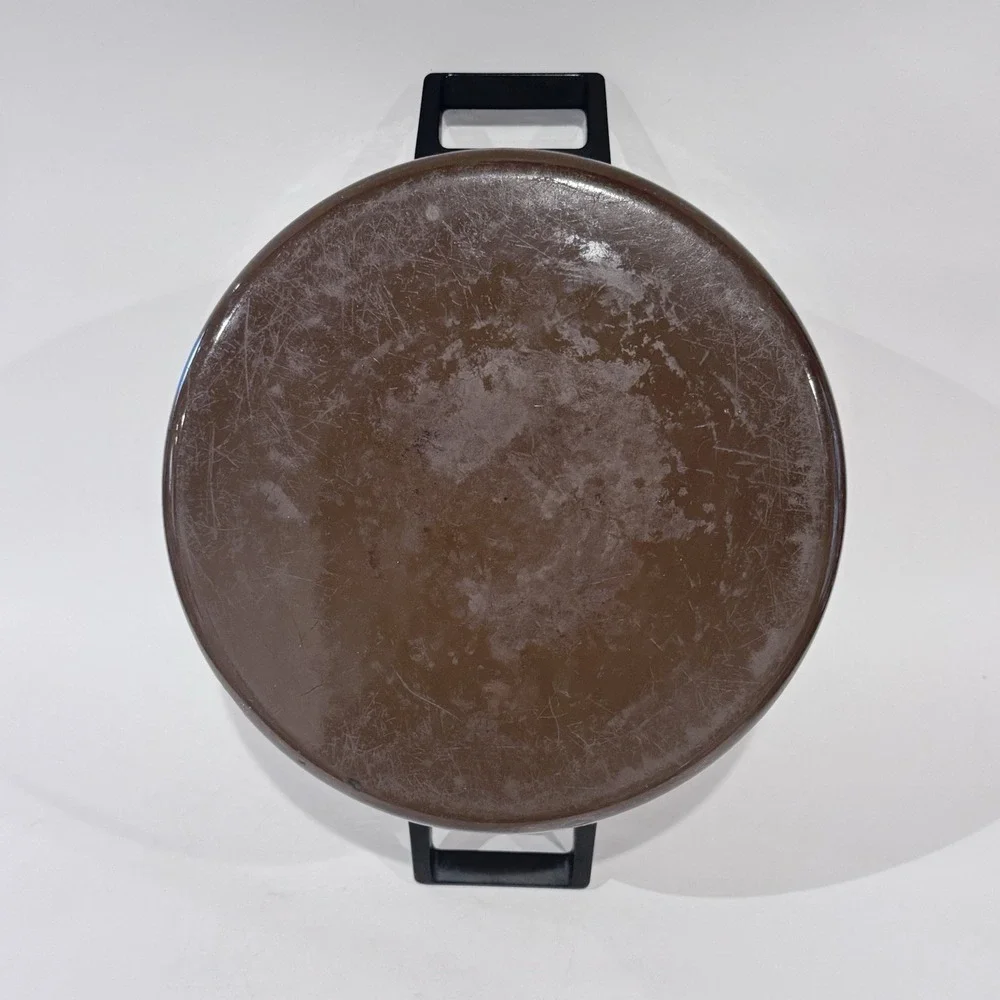 Vintage 70s Enamel Ware Pot w‎ Lid Brown w White Vegetable Pattern